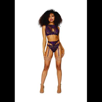 Dreamgirl - Women&#039s Lace and Mesh 3 Piece Set - Aubergine - (L, , , L)