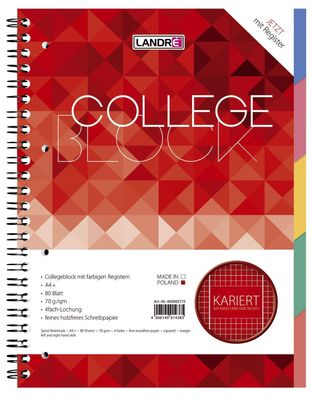 Landré® 400065715 Collegeblock mit Register - A4 + , kariert, 70 g/qm, 80 Blatt