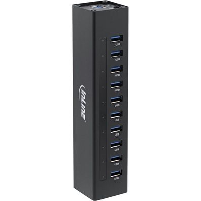 InLine® 35395C USB 3.0 Hub, 10 Port, Aluminiumgehäuse, schwarz, mit 4A Netzteil