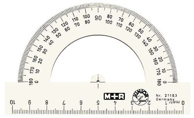 M+R 721100000 Winkelmesser Halbkreis, Polystyrol, von 0° bis 180°, 100 mm, glasklar