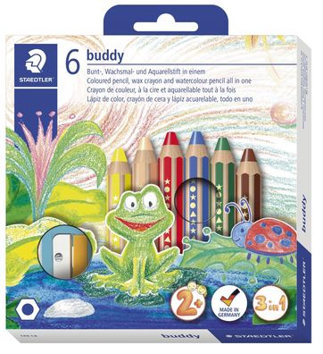 Staedtler® 140 C6 Farbstifte Buddy 3in1 - Kartonetui mit 6 Stiften und 1 Spitzer