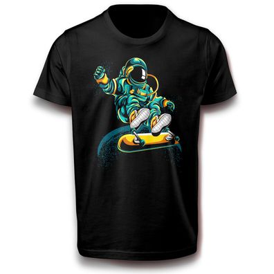 Astronaut Skateboarding im Weltraum Baumwolle T-Shirt Skater Mond Sterne Weltall