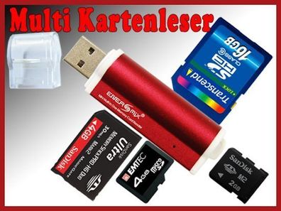 Kartenleser für SD SDHC Micro SD M2 Speicherkarten bis zu 256GB Rot