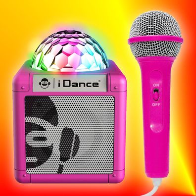 iDance Sing Cube 100 Pink Lautsprecher Akku Mikrofon Bluetooth Disco-Licht AUX