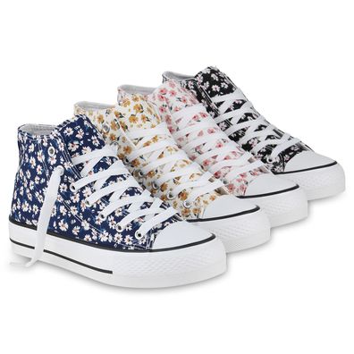 VAN HILL Damen Sneaker High Schnürer Bequeme Blumen Prints Stoff-Schuhe 841222