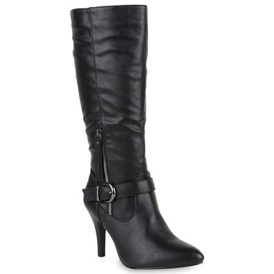 VAN HILL Klassische Stiefel Damen Boots Leder-Optik High Heels Schnallen 818980