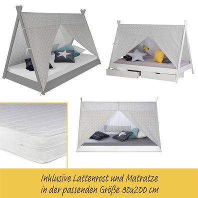 Kinderbett mit Matratze TIPI 90x200 Jugendbett weiß grau Holzbett Kinderzimmer