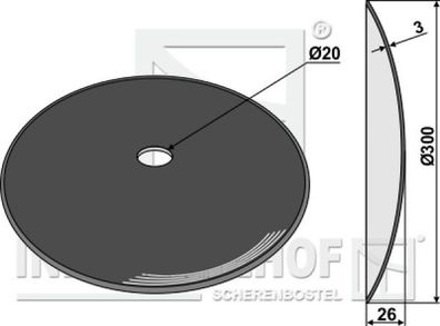 Scheibe gwölbt für Scheibeneggen glatte Schneide Ø300x3 Bohr.Ø20