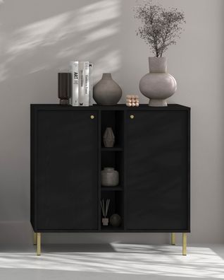 FURNIX Kommode Tonkin 822 Sideboard mit vier Regalen und Metallbeine Schwarz