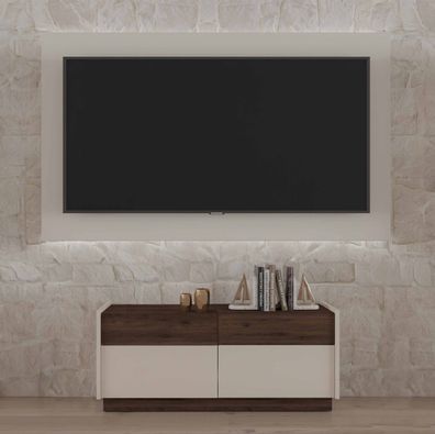 FURNIX RTV Kabinett Mosby 148 Sideboard mit vier Schubladen Sandbeige Okopi-Walnuss