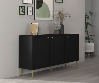 FURNIX Kommode Tonkin 813 Sideboard mit drei Türen und Metallbeine Schwarz