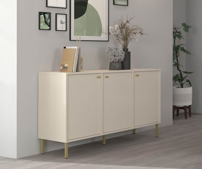 FURNIX Kommode Tonkin 813 Sideboard mit drei Türen und Metallbeine Beige