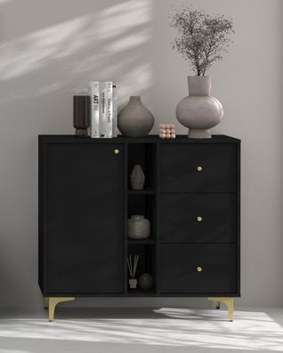 FURNIX Kommode Tonkin 824 Sideboard mit drei Schubladen und Sternbeine Schwarz