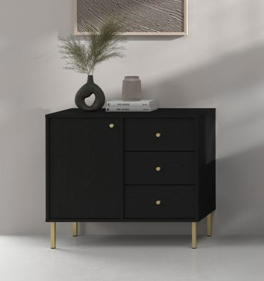 FURNIX Kommode Tonkin 814 Sideboard mit drei Schubladen und Metallbeine Schwarz