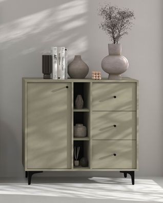 FURNIX Kommode Tonkin 824 Sideboard mit drei Schubladen und Sternbeine Grün