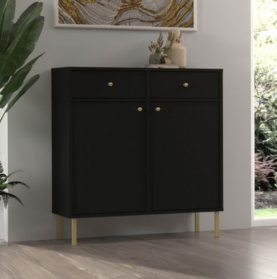 FURNIX Kommode Tonkin Sideboard mit zwei Schubladen und Metallbeine Schwarz