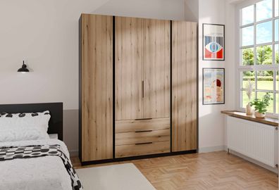 FURNIX Der Kleiderschrank Timotes 200 cm Schrank mit drei Schubladen Braun schwarz