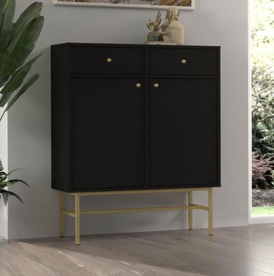 FURNIX Kommode Tonkin Sideboard mit zwei Schubladen und Gestellbeine Schwarz