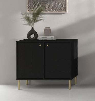 FURNIX Kommode Tonkin 812 Sideboard mit zwei Türen und Metallbeine Schwarz