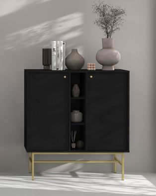 FURNIX Kommode Tonkin 822 Sideboard mit vier Regalen und Gestellbeine Schwarz