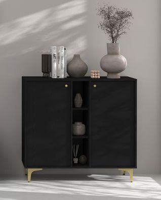 FURNIX Kommode Tonkin 822 Sideboard mit vier Regalen und Sternbeine Schwarz