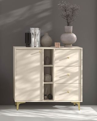 FURNIX Kommode Tonkin 824 Sideboard mit drei Schubladen und Sternbeine Beige