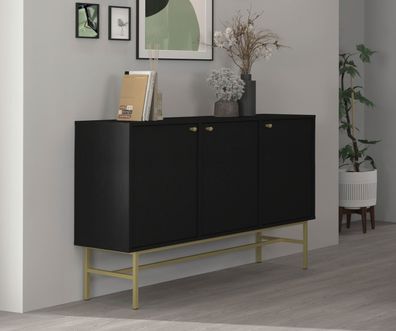 FURNIX Kommode Tonkin 813 Sideboard mit drei Türen und Gestellbeine Schwarz