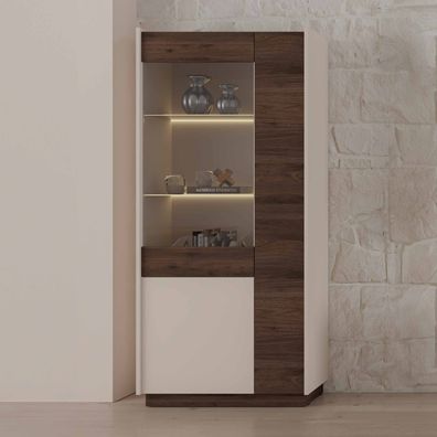 FURNIX Glasvitrine Mosby Hochvitrine 190 cm mit zehn und LED Regale Sandbeige Brown