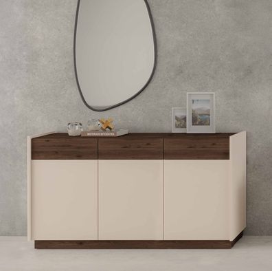 FURNIX Kommode Mosby Sideboard mit drei Schubladen Sandbeige Okopi-Walnuss