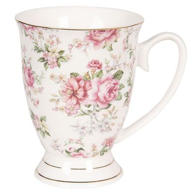 Clayre & Eef Tasse 300 ml Beige Rosa Porzellan Rund Blumen (Gr. 11x8x10 cm / 300 ml)