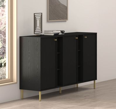 FURNIX Kommode Tonkin 823 Sideboard mit drei Türen und Metallbeine Schwarz