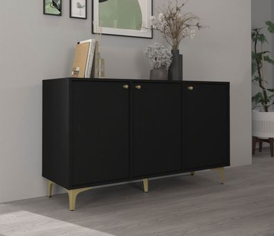 FURNIX Kommode Tonkin 813 Sideboard mit drei Türen und Sternbeine Schwarz