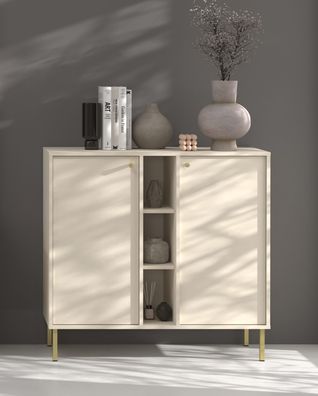 FURNIX Kommode Tonkin 822 Sideboard mit vier Regalen und Metallbeine Beige