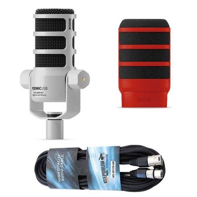 Rode Mikrofon Podmic USB Weiss mit WS14R Popschutz Rot und Kabel