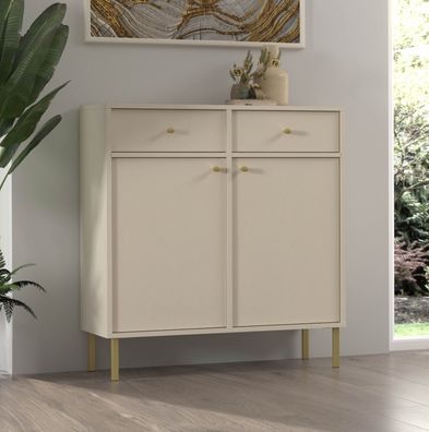 FURNIX Kommode Tonkin Sideboard mit zwei Schubladen und Metallbeine Beige