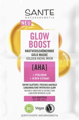 Sante Glow Boost hautverschönernde Gold Maske mit AHA, Hyaluron & Algen-Extrakt 8ml