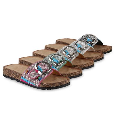 VAN HILL Damen Pantoletten Sandalen Strass Zierperlen Schnallen Schuhe 840988