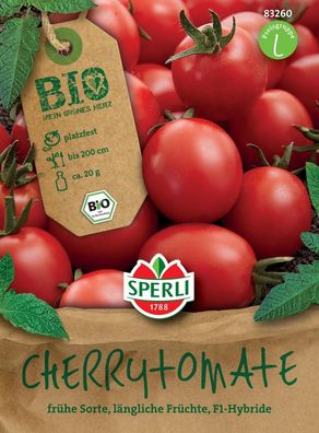 BIO Cherrytomate F1, frühe Sorte begeistert mit leuchtend roten länglichen