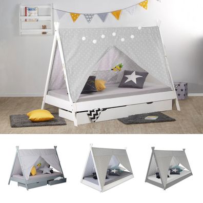 Kinderbett TIPI 90x200 weiß grau Holzbett wahlweise Bettkasten Indianer Bett Hausb