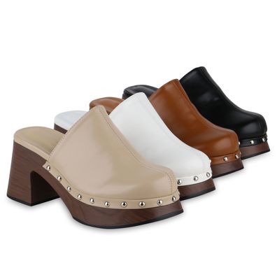 VAN HILL Damen Plateau Sandaletten Nieten Slippers Holzoptikabsatz Schuhe 841111