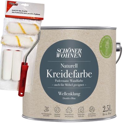 2,5L Schöner Wohnen Naturell Kreidefarbe Wellenklang, Dunkles Blau + Farbroller-Set 5