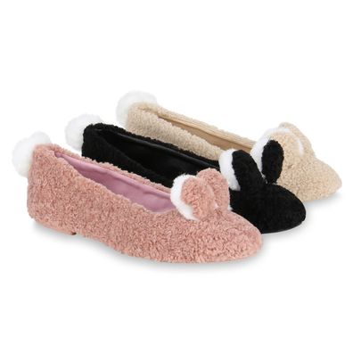 VAN HILL Damen Klassische Ballerinas Kunstpelz Slipper Pom Poms Slip-Ons 819088