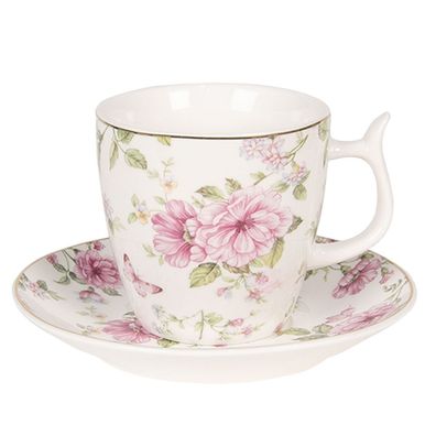 Clayre & Eef Tasse mit Untertasse 160 ml Rosa Weiß Porzellan Blumen