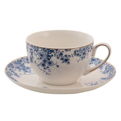 Clayre & Eef Tasse mit Untertasse 220 ml Blau Porzellan Blumen