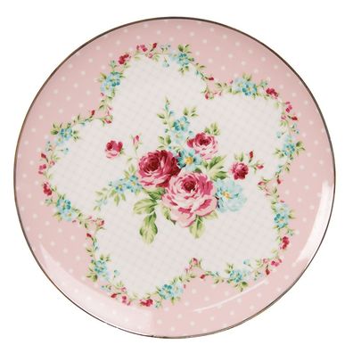 Clayre & Eef Frühstücksteller Ø 20 cm Rosa Weiß Porzellan Blumen (Gr. Ø 21x2 cm)