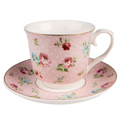 Clayre & Eef Tasse mit Untertasse 250 ml Rosa Porzellan Blumen