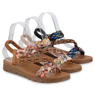 VAN HILL Damen Riemchensandalen Sandalen Prints Strass Zierperlen Schuhe 840960