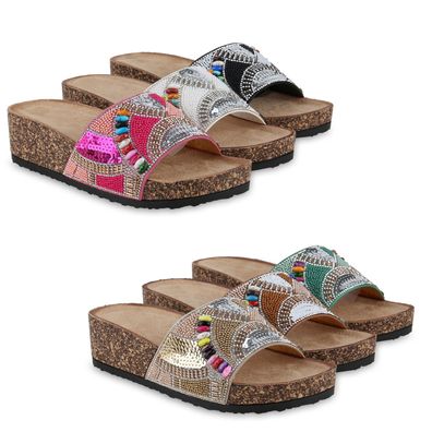 VAN HILL Damen Pantoletten Sandaletten Strass Zierperlen Pailletten Schuhe 840992