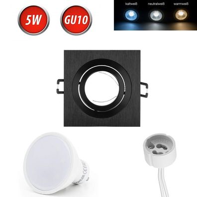 GU10 Einbaurahmen 35° Schwenkbar Ø85mm inkl. GU10 5W Warmweiß 350lm LED Schwarz Eckig