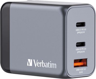 Verbatim GaN Charger 65 W, 3 Ports USB-C Ladegerät, Power Adapter mit 2 x USB-C